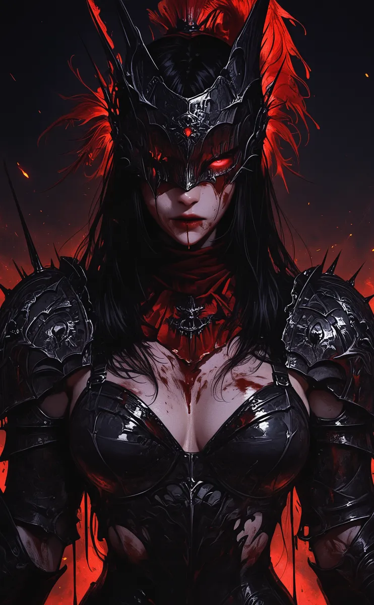 A dark armored female warrior with long black hair and glowing red eyes, wearing a horned helmet and blood-stained breastplate and red scarf, facing forward.