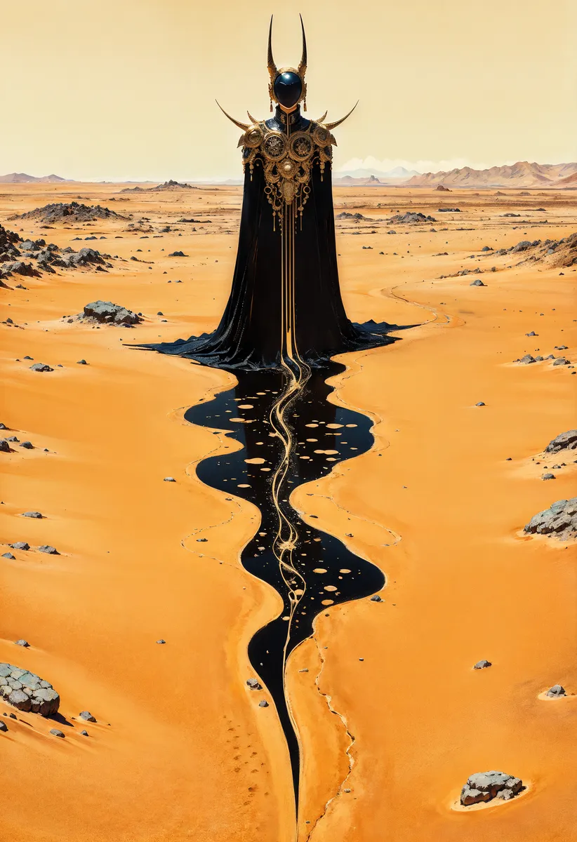 A surreal figure in black elaborate attire with golden intricate details stands in a vast desert, casting an elongated, distorted dark shadow across the sand under harsh sunlight.