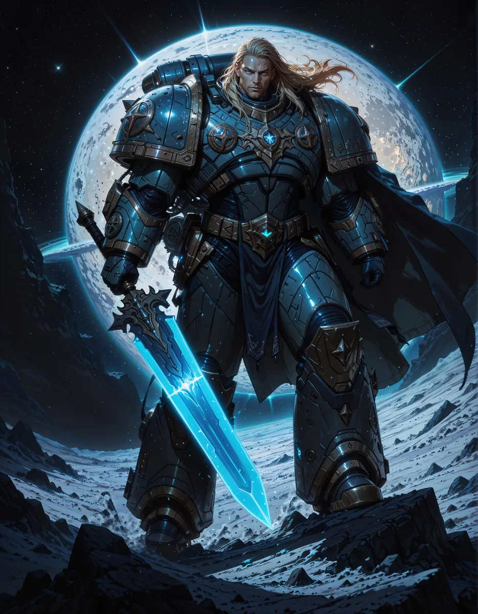 A man with long blonde hair and blue eyes in detailed blue power armor stands on the rocky moon surface holding a glowing blue sword with Earth and stars visible in the background.