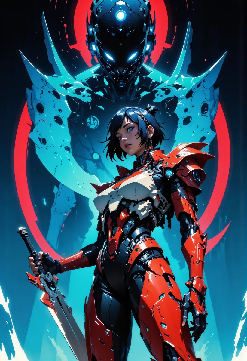 A confident female warrior dressed in red and black futuristic cyber-samurai armor, holding a large blade, with a glowing spectral armored figure behind her.
