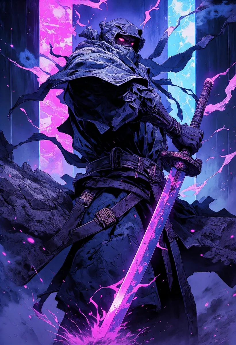 Dark cyberpunk ninja wielding a glowing purple and blue neon sword, with glowing red eyes and tattered cloak, set against a futuristic blue and purple backdrop.