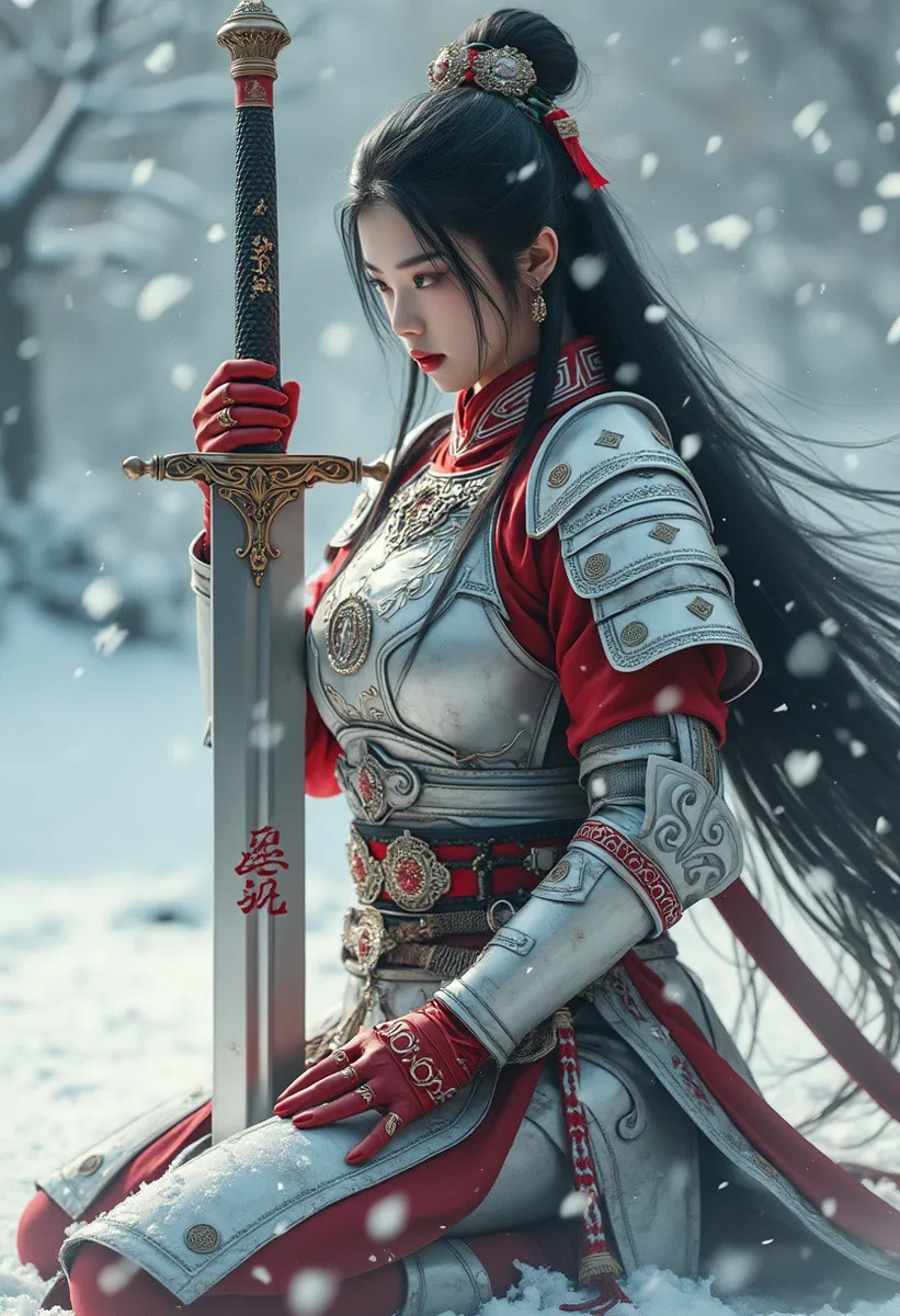 Photorealistic image of a female warrior with long dark hair in elaborate red and white oriental armor, kneeling on snow while holding a large sword.