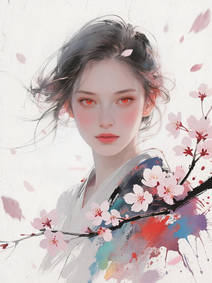 Portrait of a serene woman with intense red eyes, glowing smooth skin, and delicate blush, surrounded by soft painterly sakura petals and floral elements.