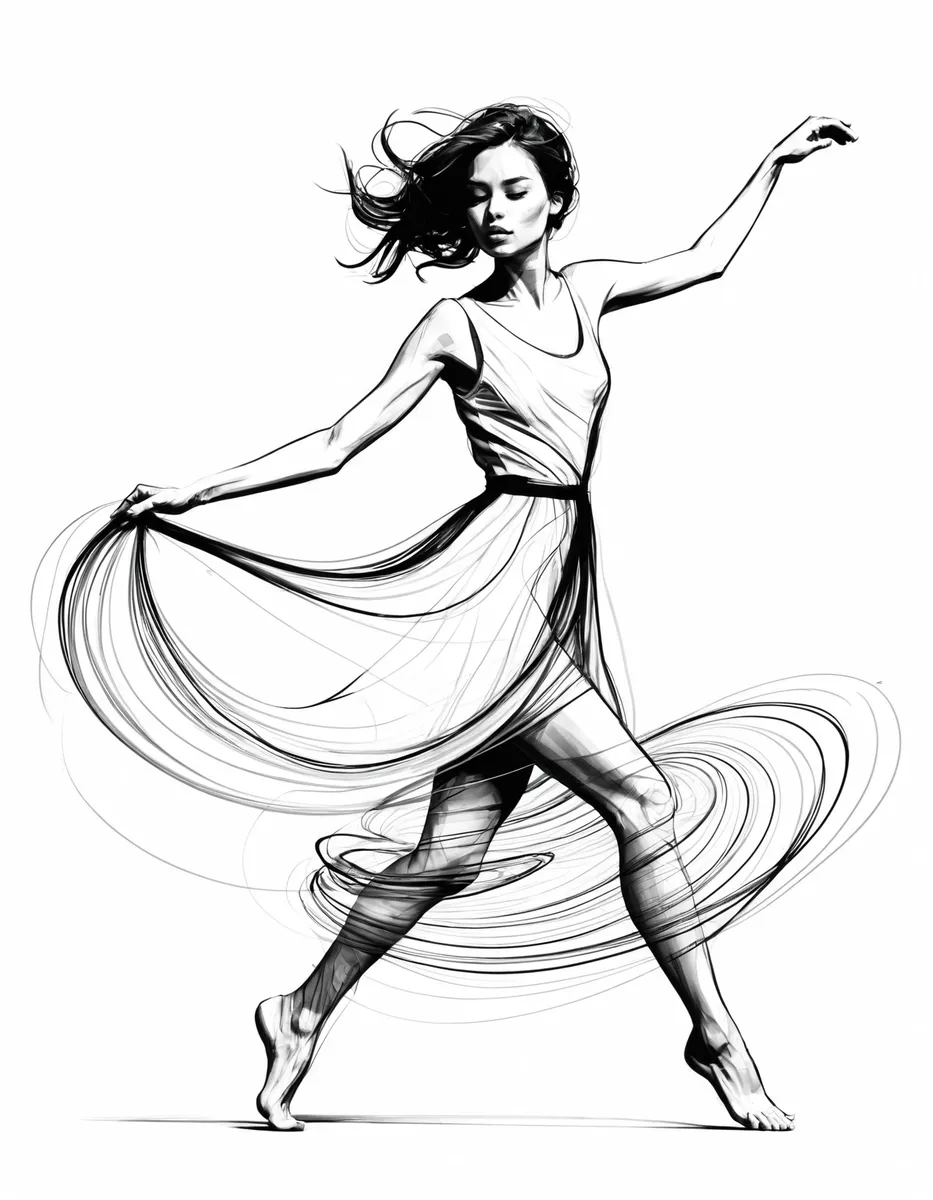 Stylized black and white sketch of a woman captured mid-twirl, with flowing ink lines illustrating movement and a minimalistic fashion style.