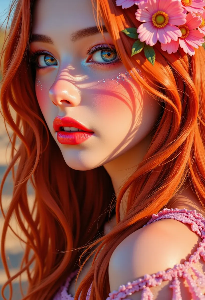 Photorealistic digital portrait of an ethereal woman with long flowing red hair, porcelain-like pale skin with warm blush, detailed psychedelic face painting, and pink flowers in her hair.