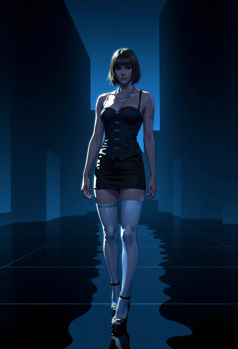 Muscular woman with cropped brown hair wearing a black corset, black skirt, white transparent high stockings, and high-heeled shoes, standing in a dark minimalist space with blue shadowy gradient background.