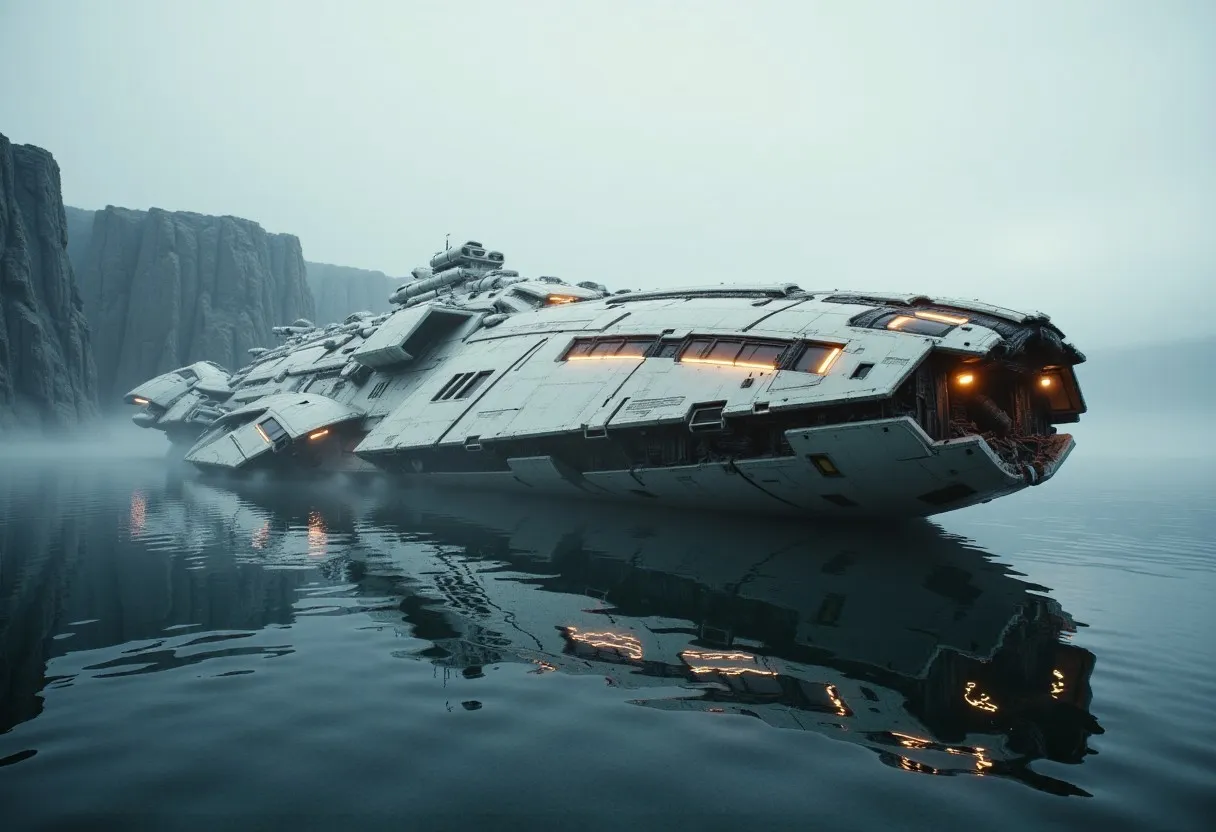 A massive crashed battleship with white corrosion and neon orange accents lies half-submerged in a misty alien ocean surrounded by jagged cliffs under a pale twilight sky.