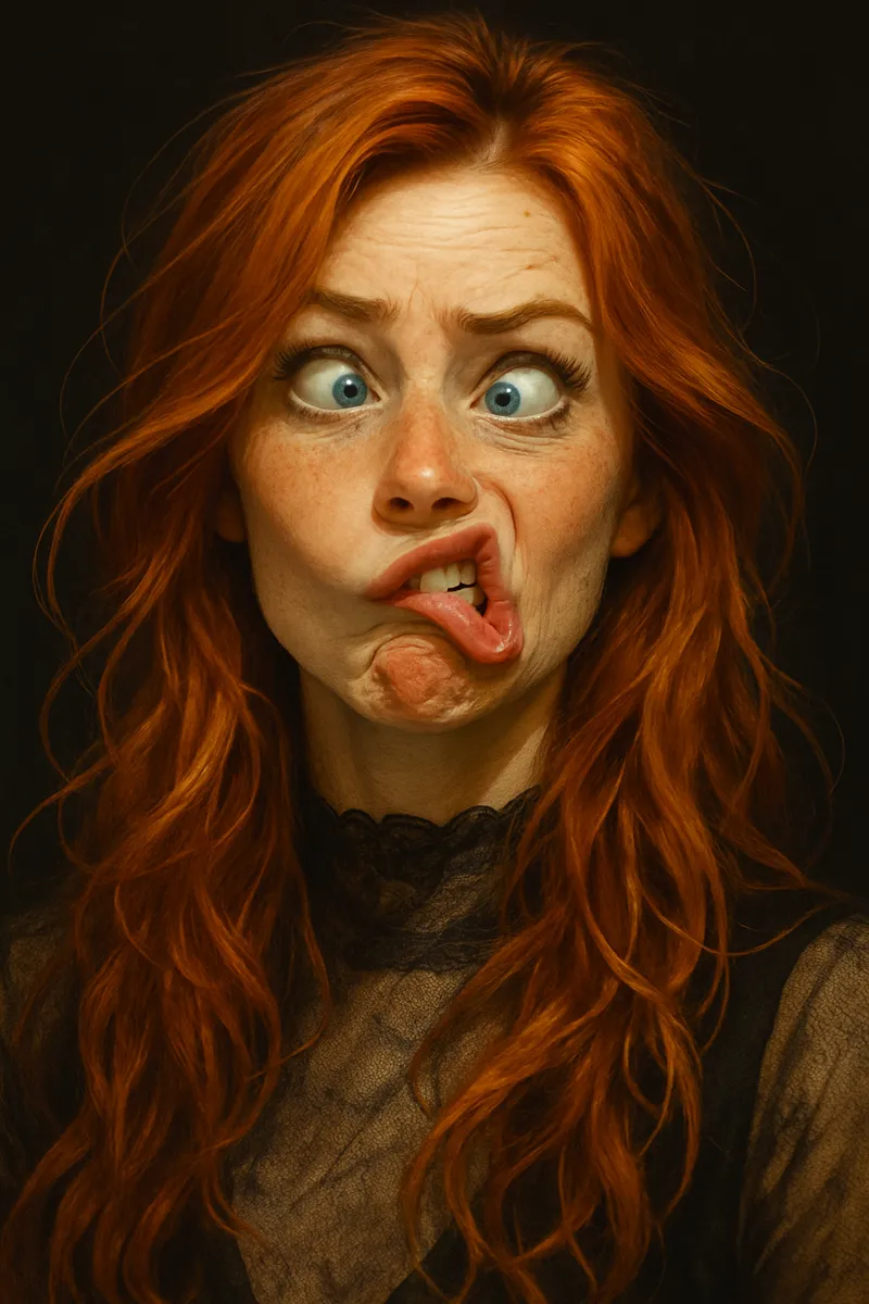 Detailed digital portrait of a red-haired woman with long wavy hair making an exaggerated comic face, with eyes looking in different directions and asymmetrical lips, softly lit against a dark background.