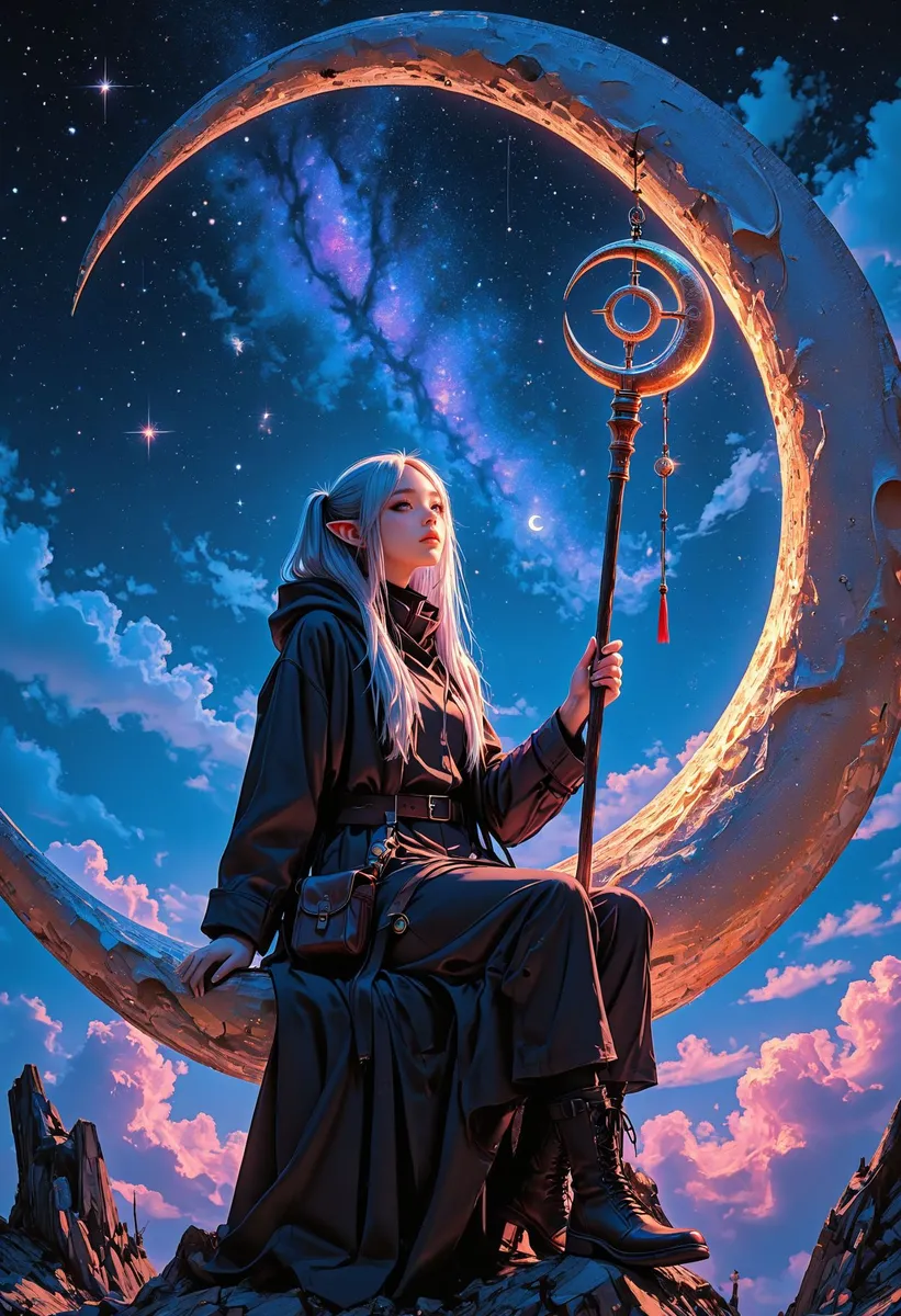 A fantasy wizard with long white hair and elf ears sits on a glowing crescent moon under a vivid starry night sky filled with clouds and a milky way.