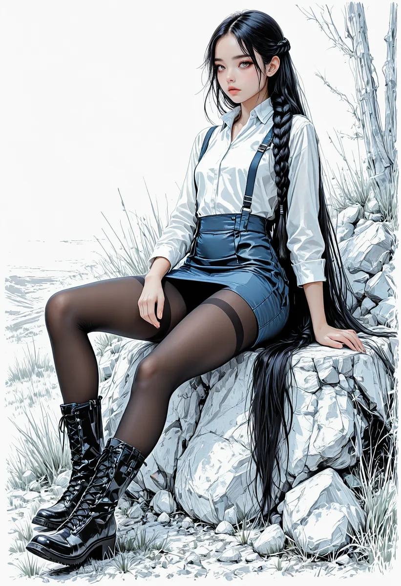 A girl with absurdly long braided hair wearing a white collared shirt, light blue suspender skirt, black thighband pantyhose, and shiny black leather boots sitting on white stones with grass around in a muted color sketch style.