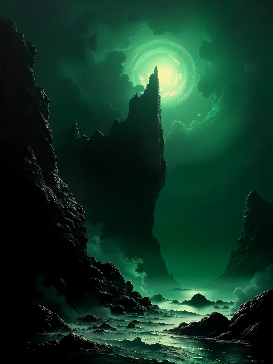 A mystical surreal fantasy landscape featuring a towering jagged rock formation with a dark spire piercing a glowing, cold greenish-white light under swirling sea green and dark grey clouds, illuminated in dramatic Rembrandt style lighting.