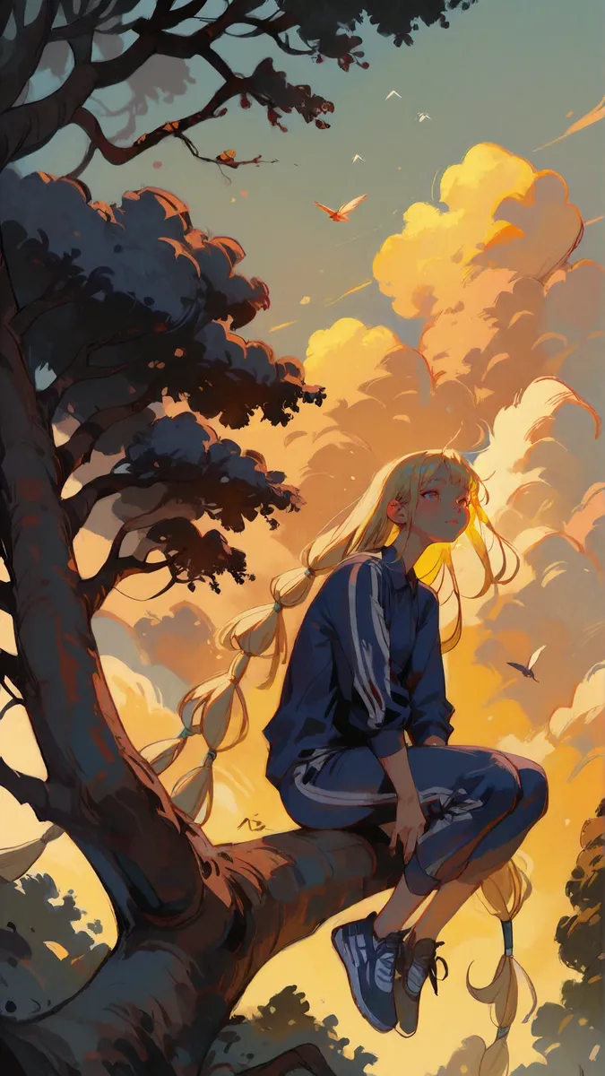 A stylized illustration of a blonde girl with long multi-tied braided hair wearing a dark blue Adidas tracksuit, sitting on a tree branch at sunset with cumulonimbus clouds and birds flying in the background.