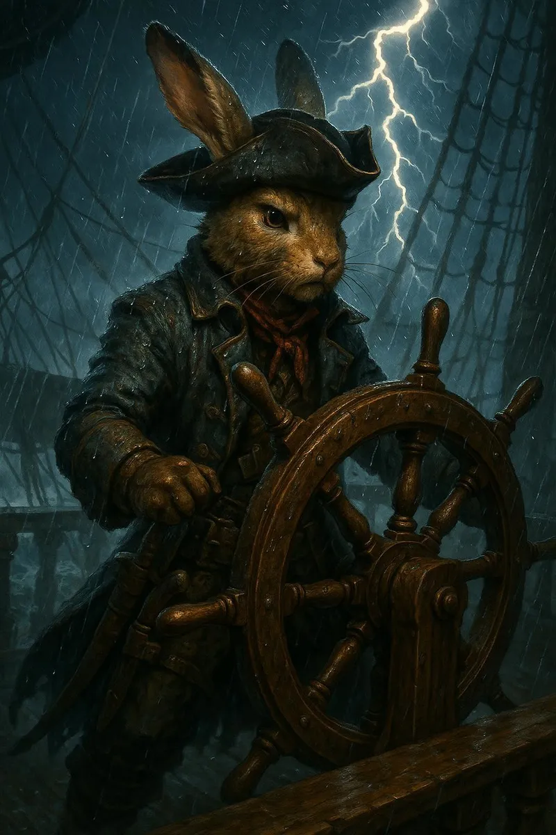 A humanoid pirate rabbit in a leather coat and pirate hat steering a pirate ship wheel amid a storm with rain and lightning in the background.