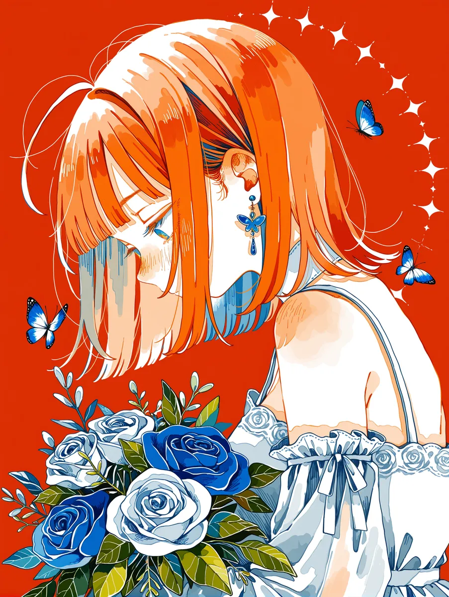 A close-up side profile of a girl with medium orange spiked hair and blunt bangs wearing a white sleeveless frilled wedding dress, holding a bouquet of blue and white roses with green leaves, set against a crimson background with blue butterflies and sparkling stars.