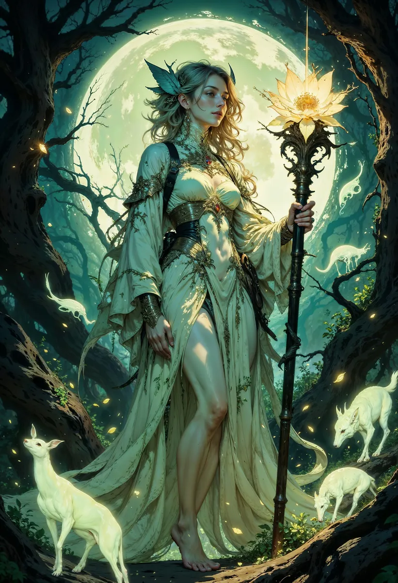 An ethereal forest guardian stands barefoot in misty woods under a glowing full moon, holding a magical staff topped by a luminous flower, surrounded by ghostly animals and glowing fireflies.