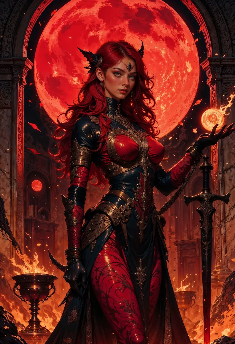 A blood moon priestess with long red hair and glowing eyes stands before a massive crimson moon, clad in ornate dark armor and holding a glowing orb and ritual dagger amid ancient stone pillars and fire.