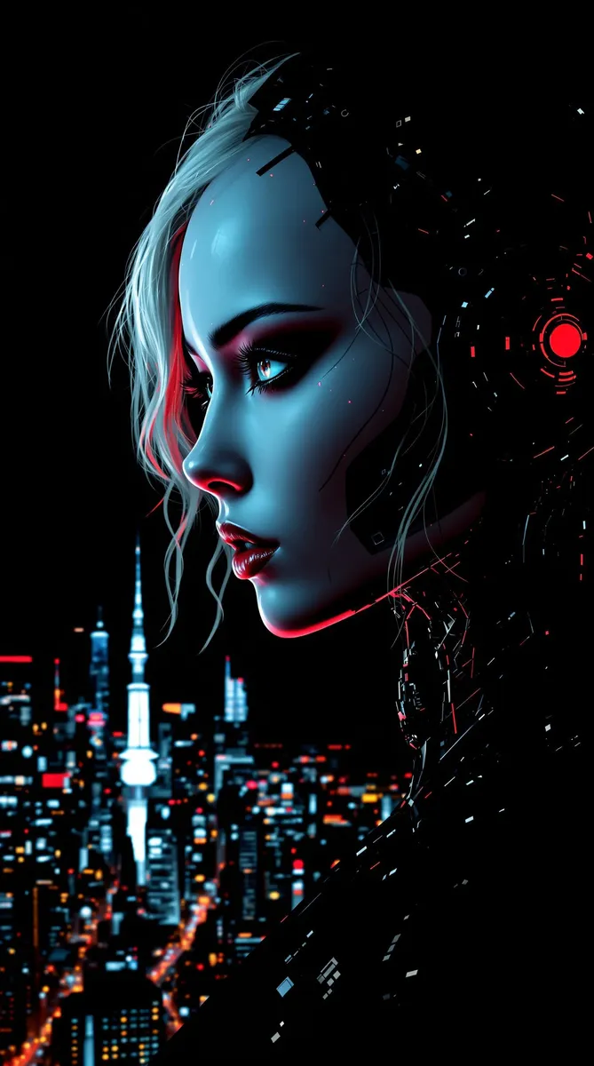 Close-up portrait of a Japanese female robot with a ceramic faceplate, blonde hair, and red lips set against a dark sci-fi cityscape background.