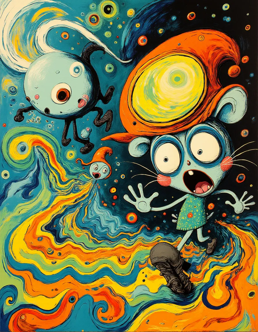 An expressionism cartoon of a kybernetic panda grimacing while running away from a skating octopus wearing an orange sleepy-hat in a swirling mad world with vivid blues, oranges, and yellows.