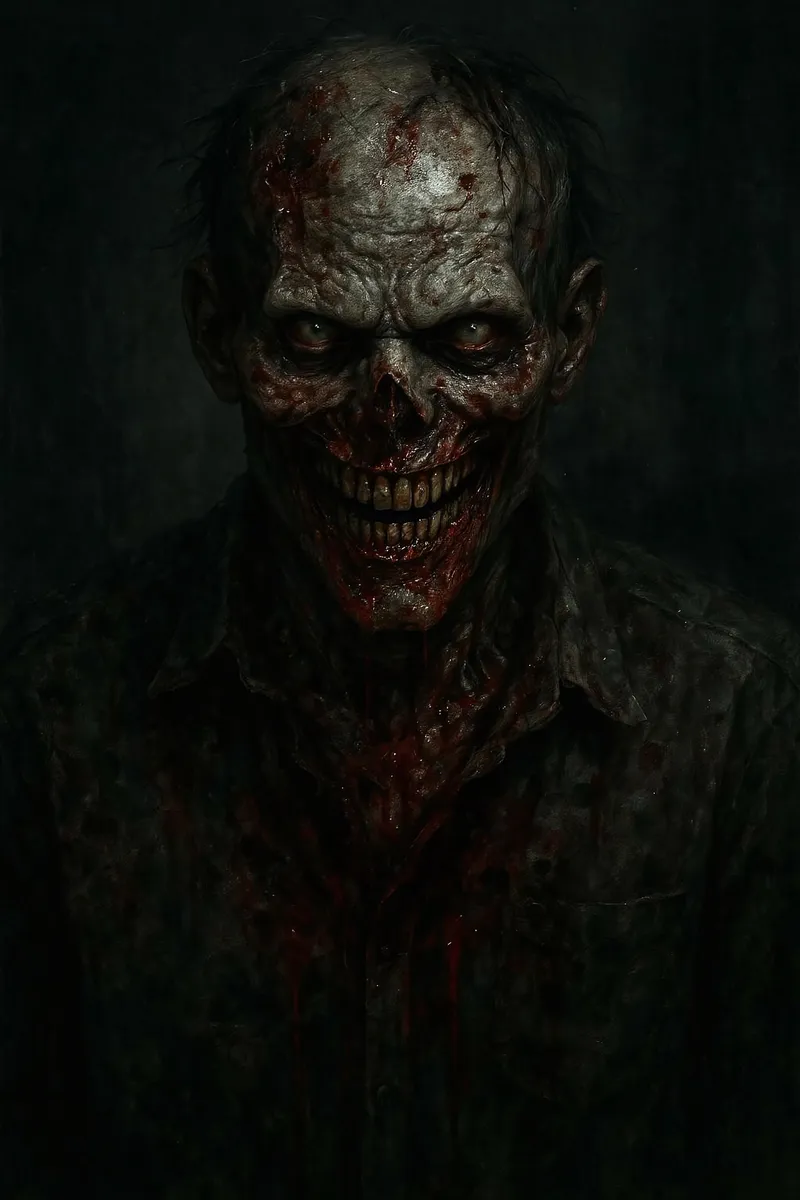 A brutal zombie with a bloody face and an evil grin, set in a dark and gloomy atmosphere.