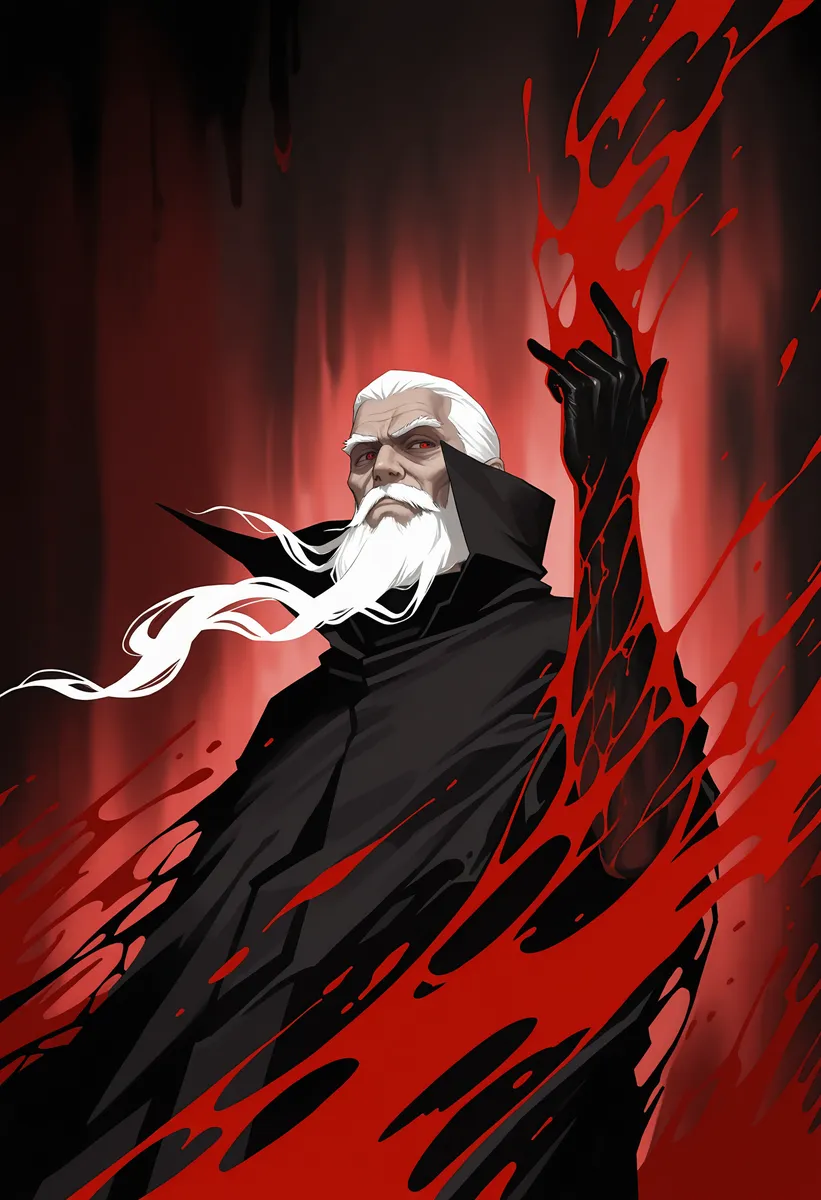 Close-up of an old male sorcerer with white beard and red eyes wearing black rags, performing blood magic with a blackened hand against dark abstract background.