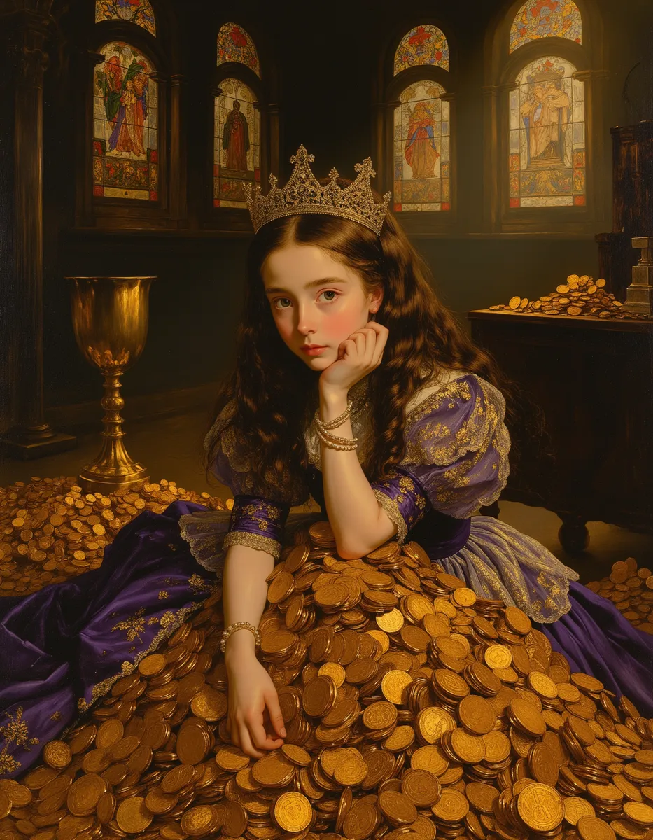 A young princess in elaborate purple and gold royal attire with a jeweled crown, sitting pensively among piles of gold coins in a dimly lit treasury with stained glass windows.