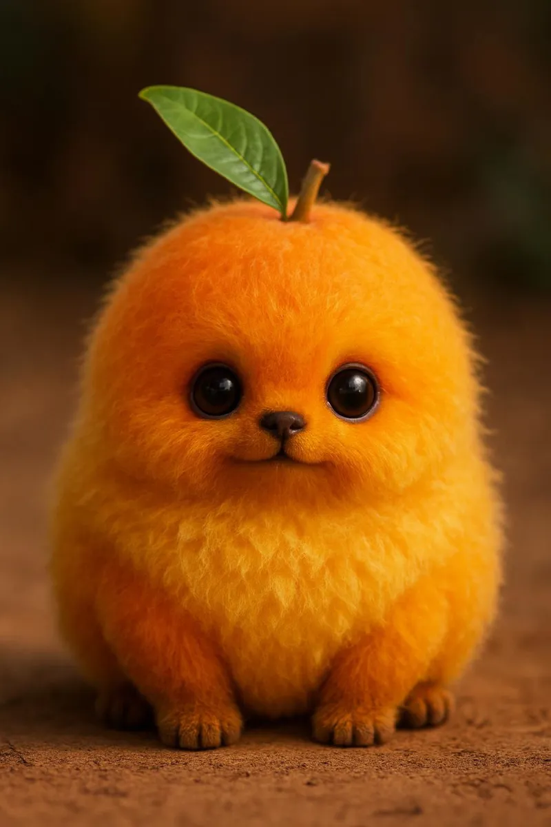 Realistic and fluffy mango-colored creature with big black eyes, small nose, and a green leaf stem on its head, sitting on earthy ground.