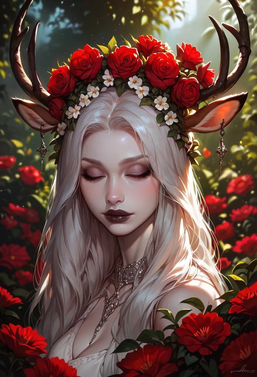 A close-up portrait of a pale-skinned white-haired woman with closed eyes, wearing black lipstick and makeup, adorned with a wreath of red and white flowers and large deer horns, surrounded by vibrant red flowers in a blurred garden at night.