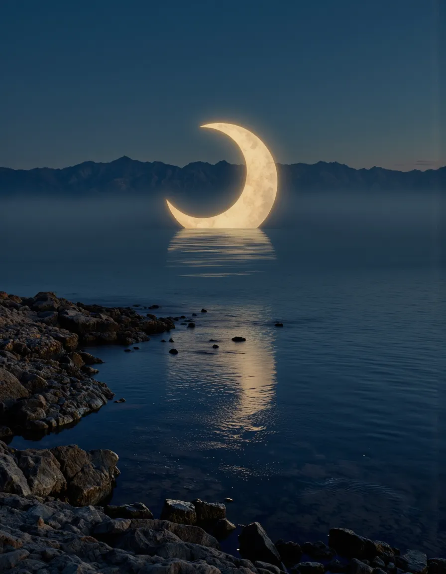 A glowing crescent moon half-submerged in calm water, reflecting on the surface near a jagged rocky shore with mountains in the distant night horizon.