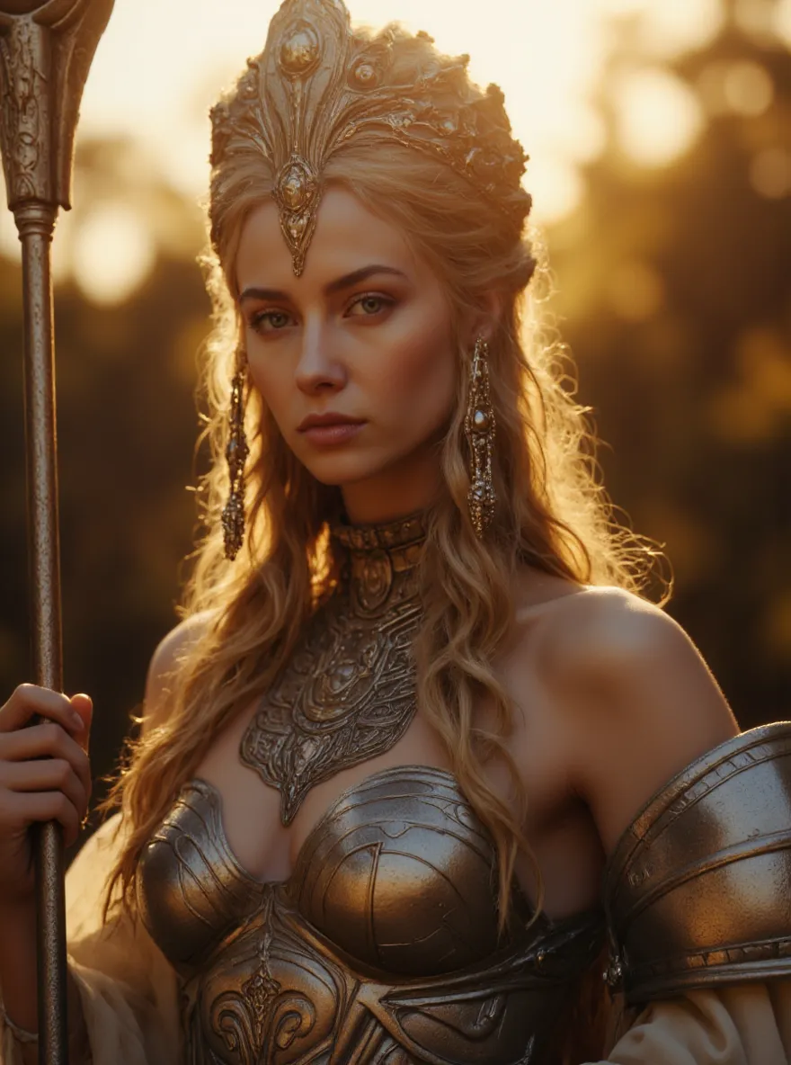 A woman with long blonde hair and piercing blue eyes wearing ornate metallic armor and holding a staff outdoors during golden hour sunlight