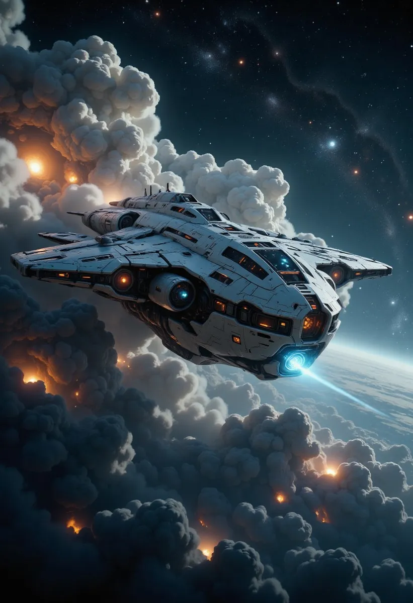 A detailed futuristic spaceship with white body and red and blue LED lights cruising diagonally through interstellar dust clouds with glowing nebulae and a starry deep space background.