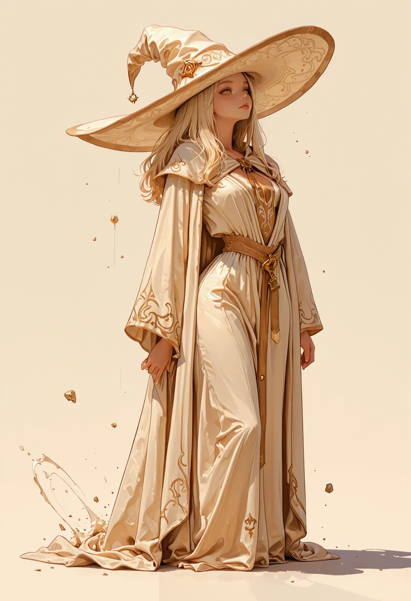 Elegant witch mage in flowing detailed robes and a huge brim hat, with platinum blonde hair and golden eyes, standing in soft illumination.
