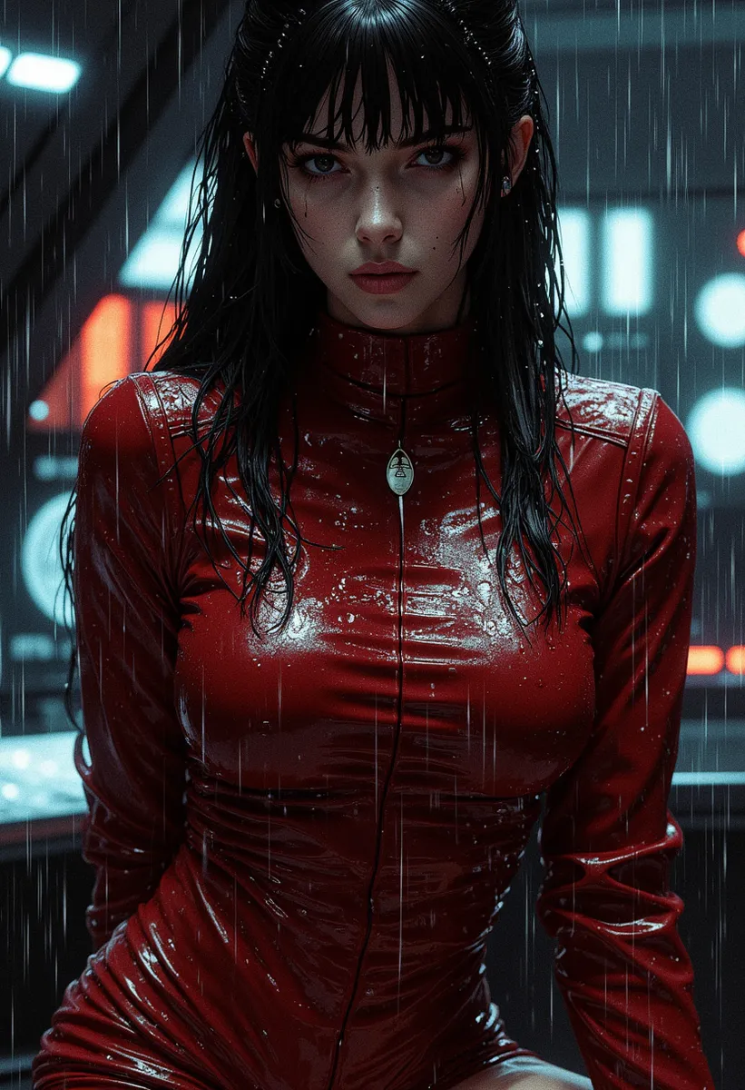 Woman in tight red Star Trek uniform with wet black hair and rain droplets, facing viewer inside a spaceship bridge with low saturation and dramatic lighting.