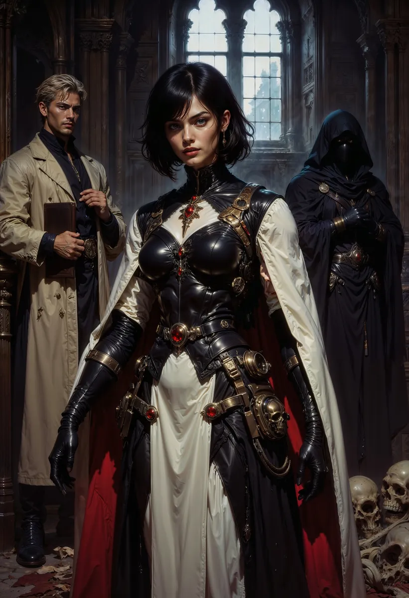 A dark fantasy scene featuring a pale-skinned female warrior with short black hair and red eyes, wearing black and white medieval-gothic clothing adorned with red gems, standing confidently inside a dimly lit gothic cathedral with two male figures behind her, one in a light robe holding a book and the other a hooded figure in dark cloak amidst scattered skulls.