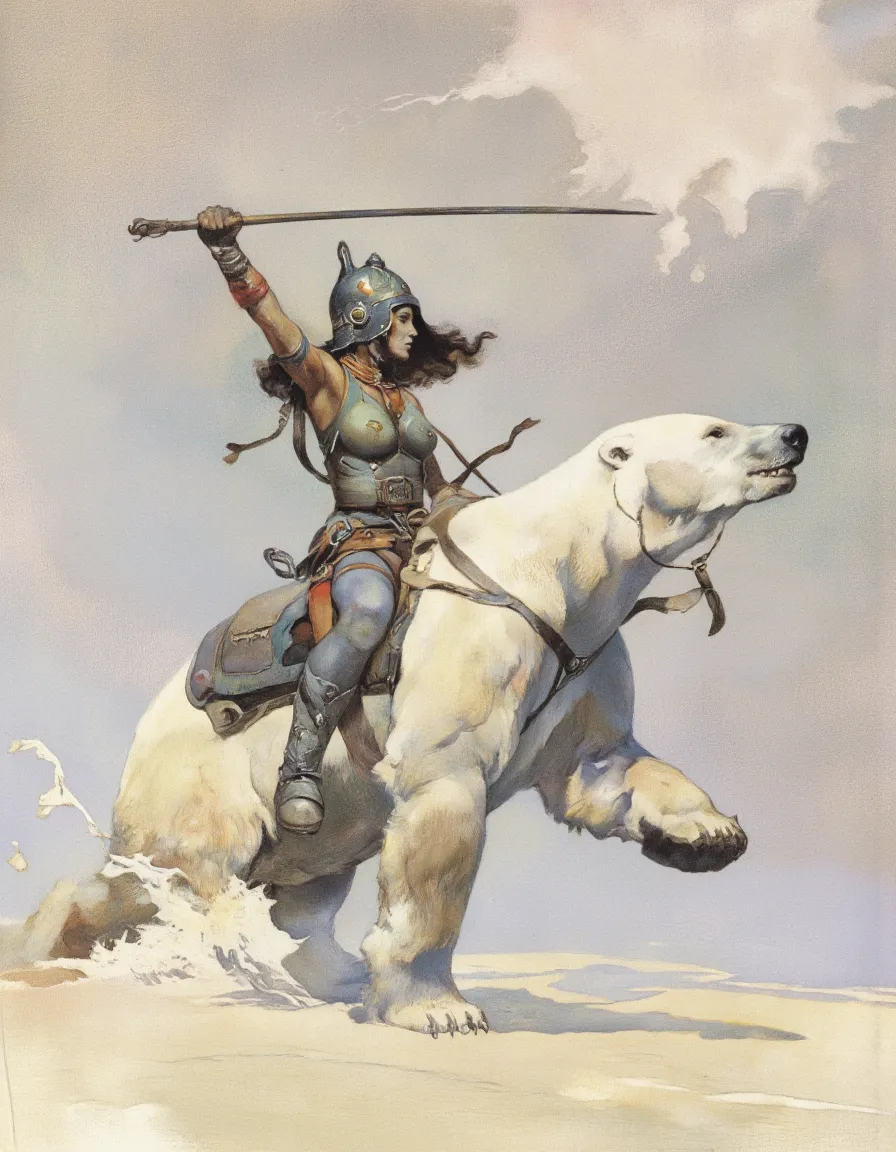 A fantasy painting of a woman warrior in armor riding a powerful polar bear, holding a sword aloft.