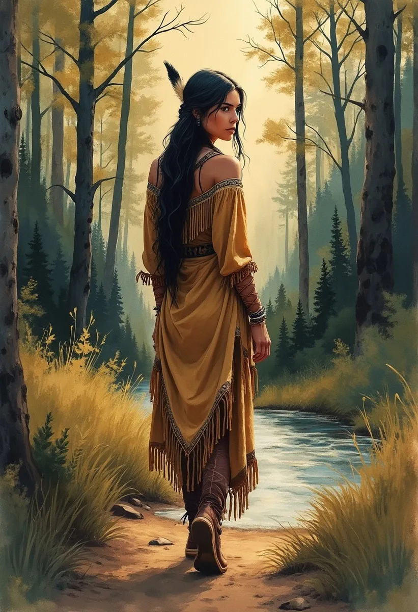 Beautiful Native American woman walking on a game trail in a forested woodland at golden hour, wearing a side-laced buckskin dress with fringe, long black hair adorned with a feather, and looking to the side near a flowing river in a wooded valley.