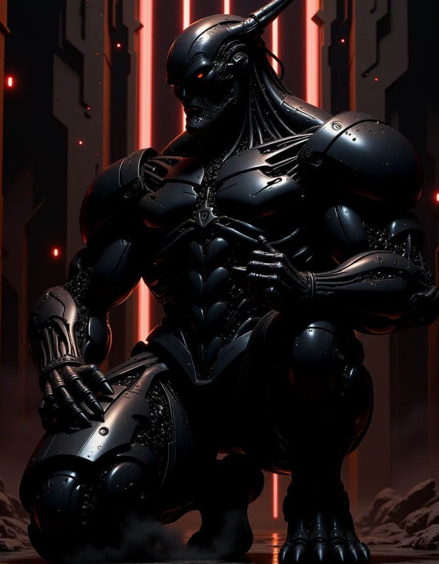 A powerful cyborg in black metallic armor kneeling with a spear, illuminated by red neon lights against a dark electrical circuit background, showcasing an organic texture and strong silhouette.