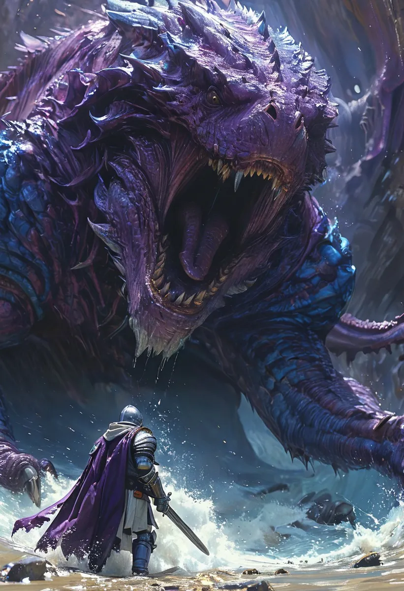 A detailed scene of a purple-scaled dragon roaring aggressively at a knight in shining armor holding a sword, standing ready in a water-splashed rocky terrain.