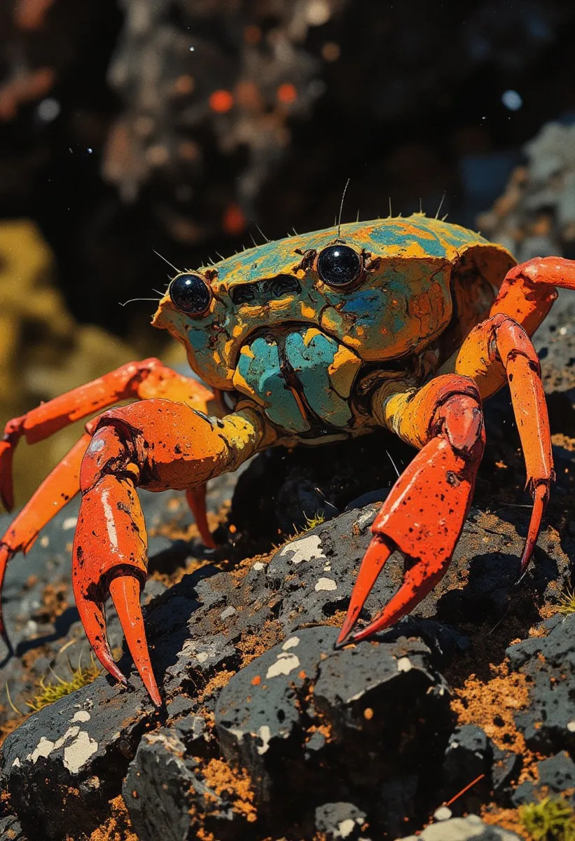 Ultra-detailed macro photograph of a vibrant Sally Lightfoot crab with orange and blue shell perched on volcanic rock under soft natural light.