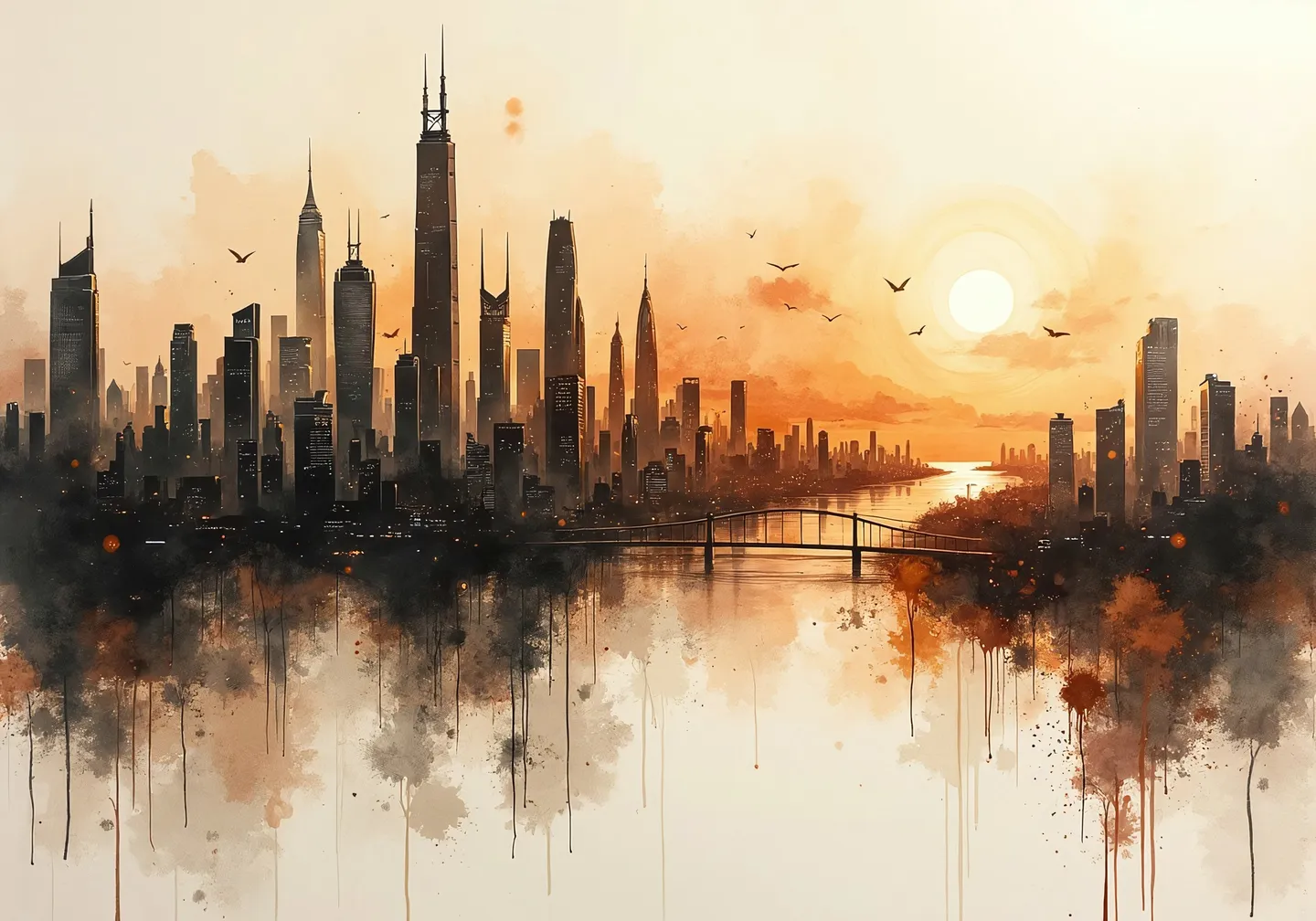 A cityscape painted on delicate rice paper using expressive ink splashes and translucent watercolor washes, featuring ultramodern skyscrapers in sepia tones with a radiant sun and birds flying in a gradient sky.