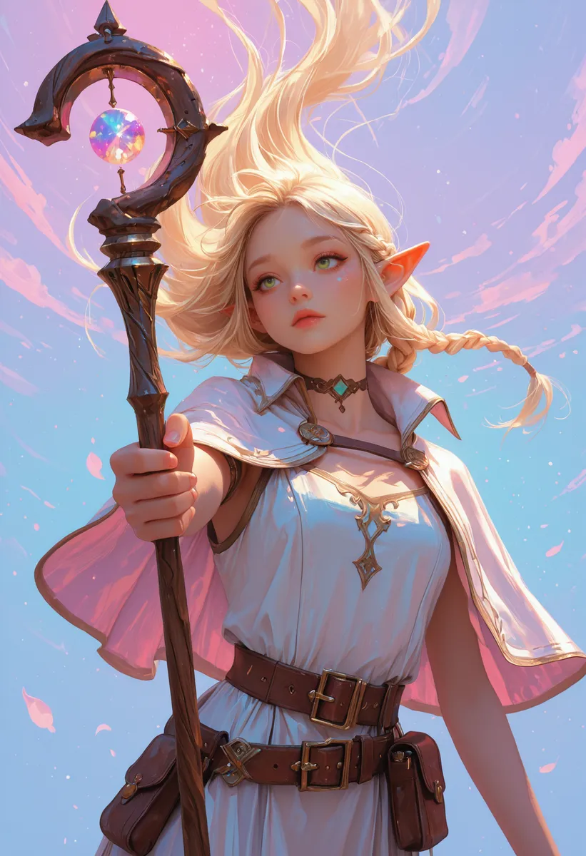A detailed fantasy artwork of an elf woman with blonde braided hair holding a staff, wearing a white dress with a capelet, pointy ears, and green eyes.