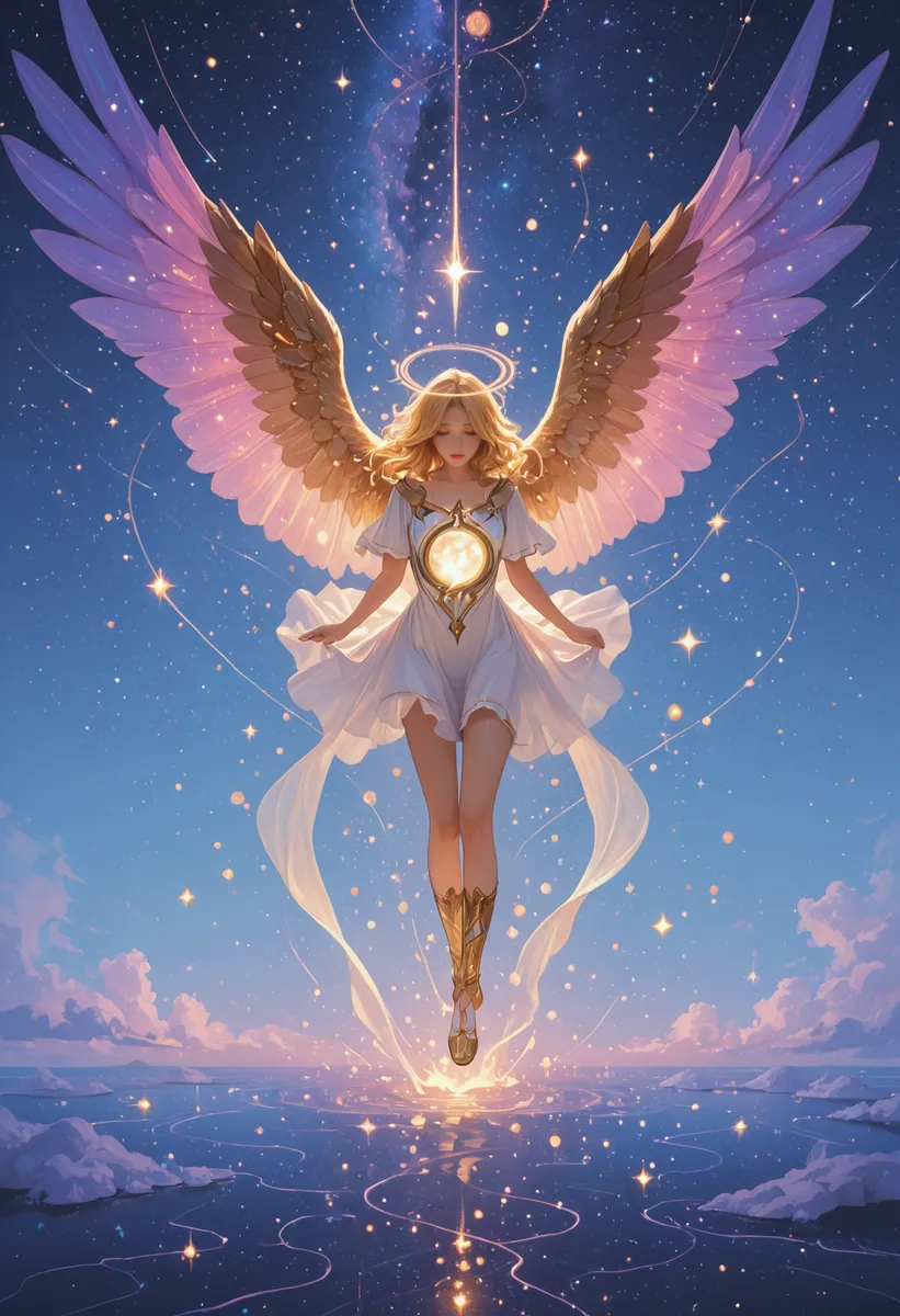 A glowing angelic figure with large, radiant wings and a halo, floating above a celestial, star-filled landscape at twilight.