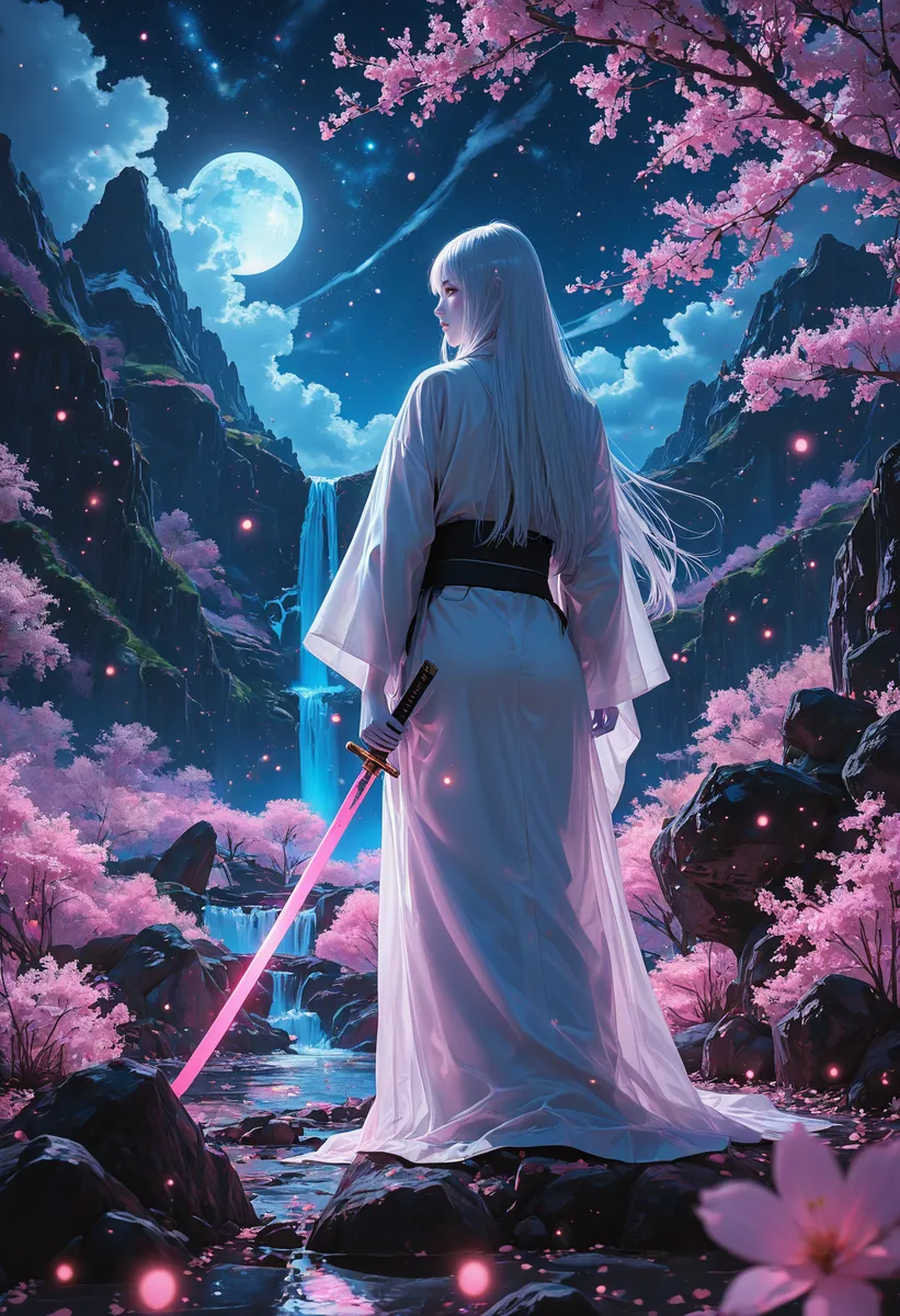 A white-haired woman in traditional Japanese clothes holding a glowing katana stands by a sparkling river with cherry blossoms under a bright full moon and starry night sky.