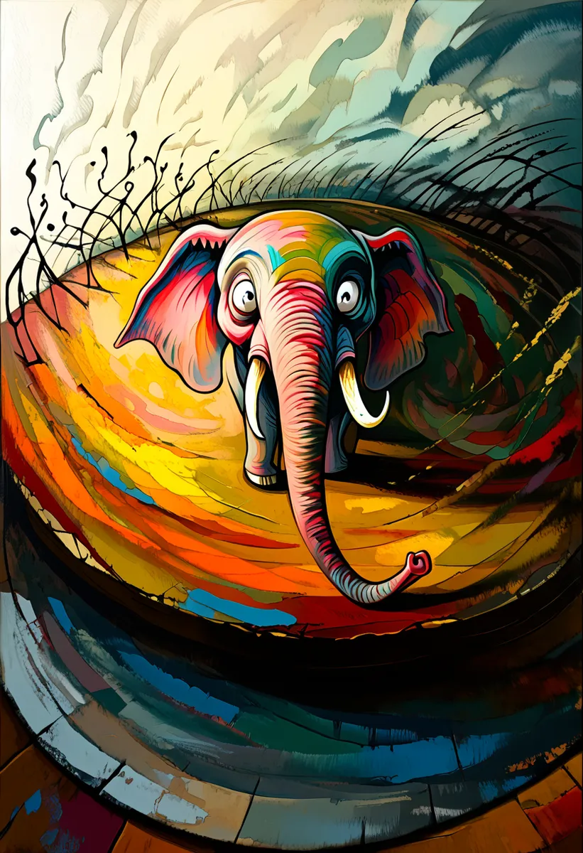 Colorful expressionist cartoon portrait of a spindly elephant striking a clumsy ballet pose on an abstract, uneven stage surrounded by animated shadowy figures.