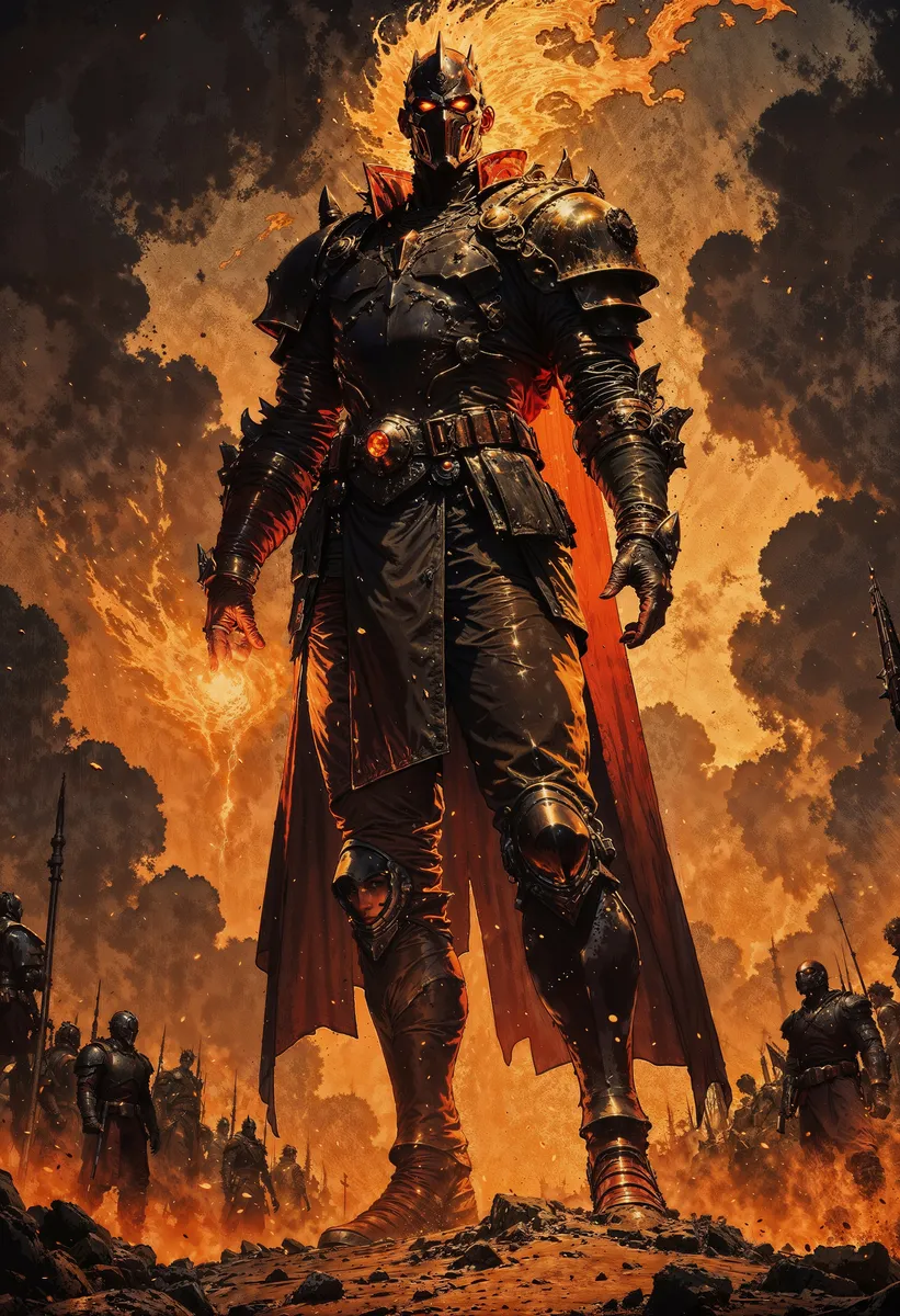 A powerful male fantasy warrior clad in intricate dark armor with a long cape, holding glowing orange flames in both hands, standing on a chaotic battlefield with soldiers and a stormy fiery background.