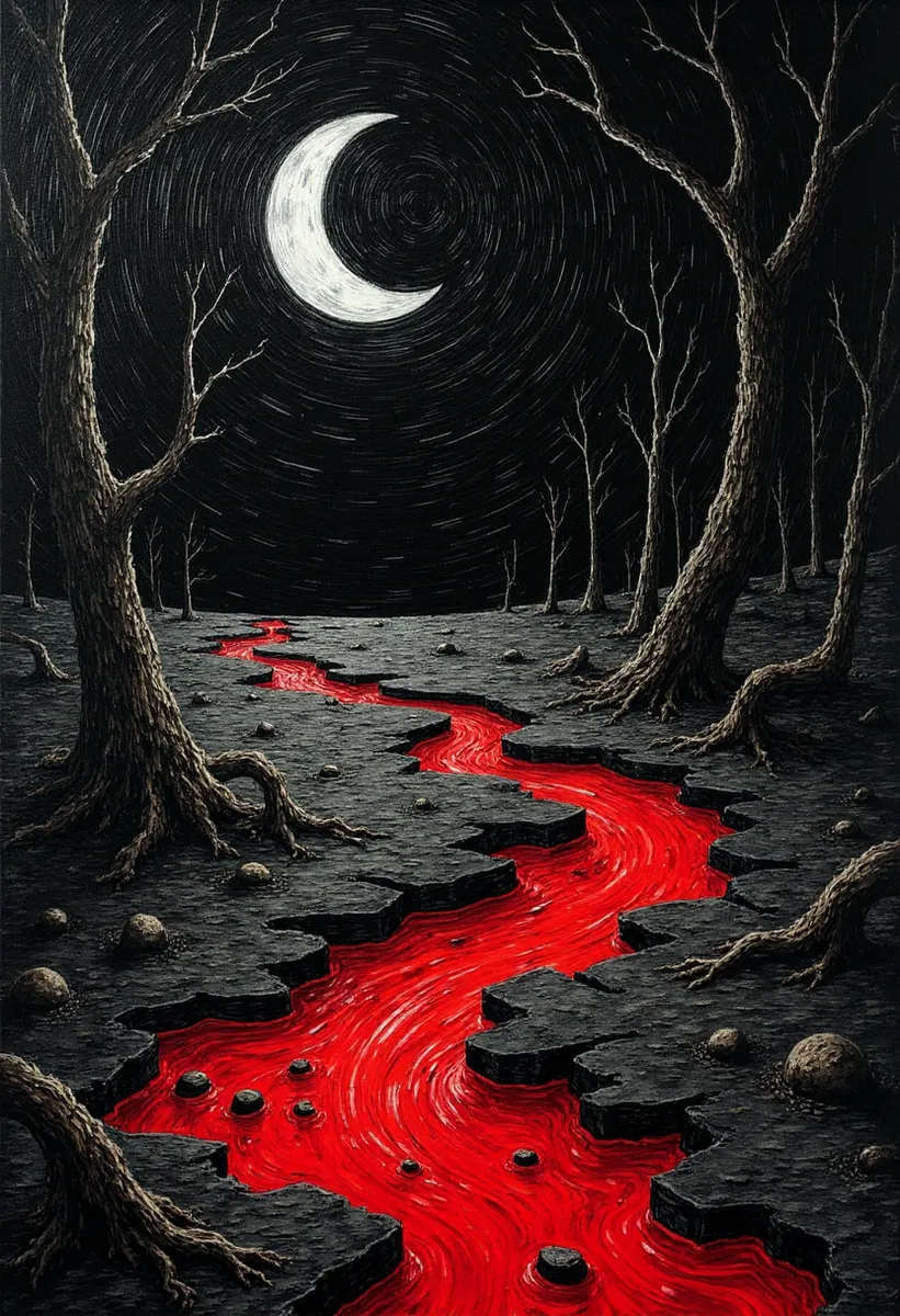 A surreal horror landscape featuring a glowing crescent moon over a swirling dark night sky, with a blood-red river cutting through cracked ground surrounded by twisted, leafless trees.