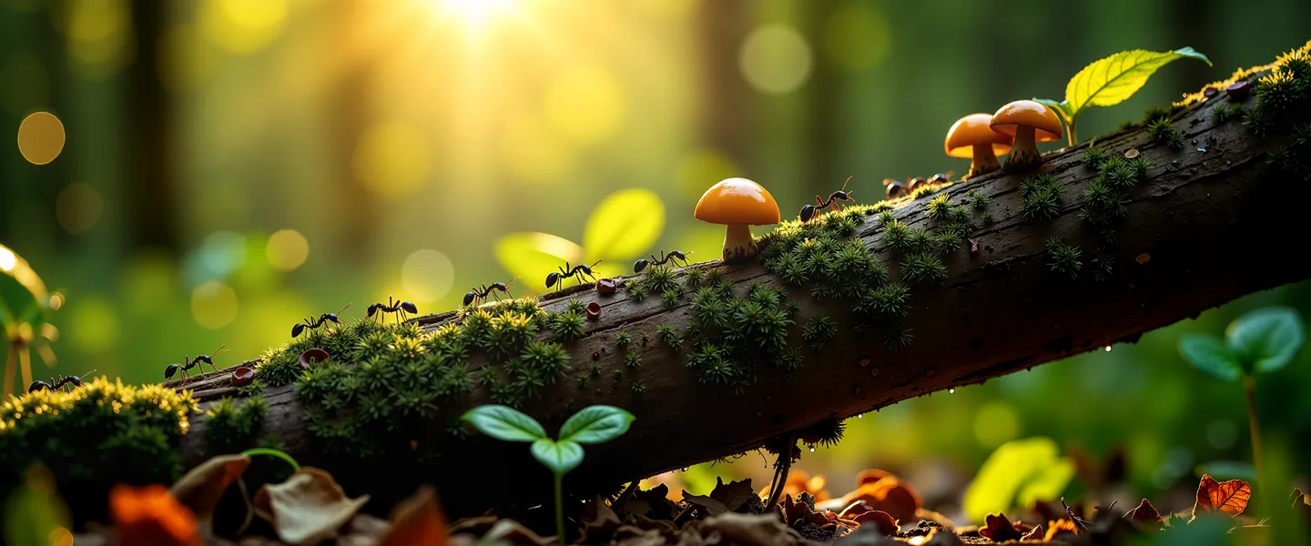 Close-up macro nature photography showing ants walking on a moss-covered fallen tree trunk adorned with small mushrooms, bathed in warm early morning sunlight with bokeh background.