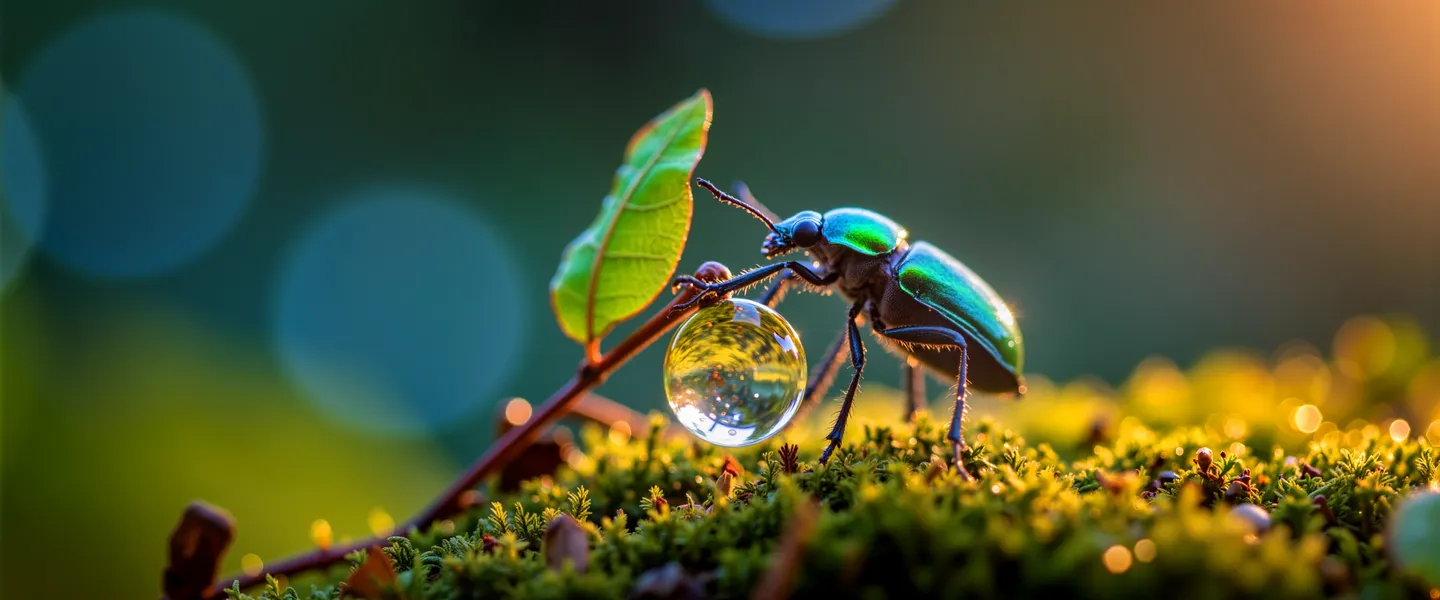 Close-up macro photography of a jewel-toned beetle with iridescent green and blue hues clinging to a mossy stem beside a large spherical water droplet, glowing softly in golden hour light with a bokeh background.