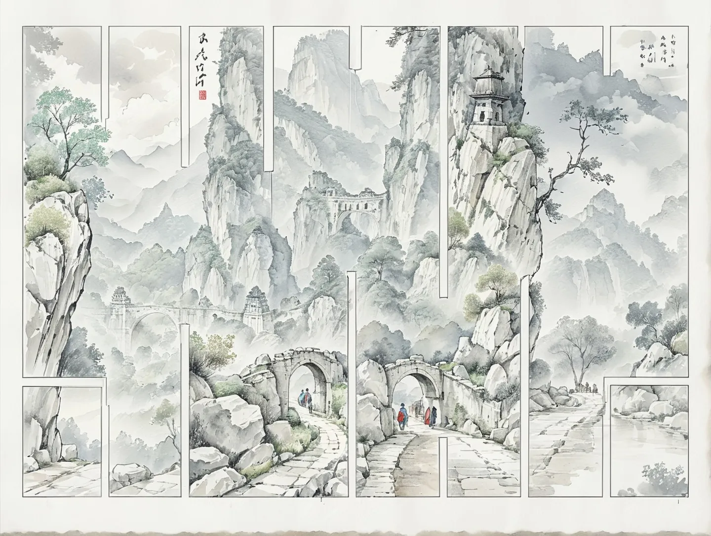 Detailed ink illustration on parchment showing a caravan of travelers moving along a stone road with ancient stone archways, surrounded by jagged mountain peaks and a forested glade.