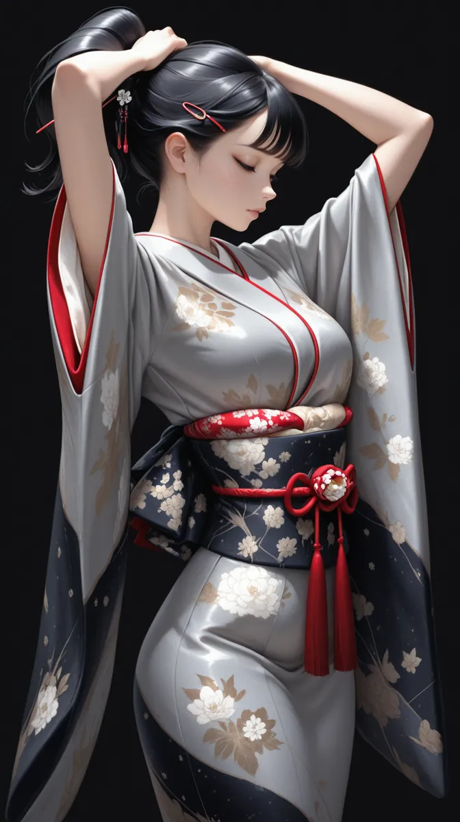Elegant woman wearing an ornate kimono with floral patterns and hairpins, posing with arms up and black background.
