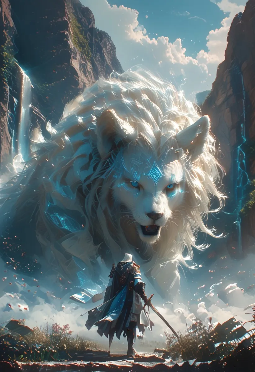 A cinematic scene showing a katana-wielding warrior confronting a glowing, giant fantasy lion with intricate light patterns, set in a mountainous landscape with waterfalls and dramatic sky.